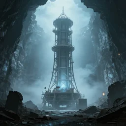underground ruins of a NASA launch tower, pale blue foggy ambient lighting, volumetric lighting, unreal engine