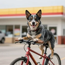 blue heeler dog on a bike, 8 k photography, blurred background of a wafflehouse