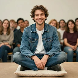 an artistic jean giraud portrait of ram dass smiling sitting cross - legged on a pillow in front of a small audience