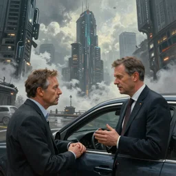 An epic, distopian cityscape painting in the style of bladerunner with the German minister Christian Lindner. An automobile lobbyist is talking to him in secret, unreal 5, DAZ, hyperrealistic, octane render, volumetric clouds, dynamic lighting
