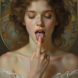 Emma sticks out her tongue, mid-closeup, torso, fantasy, intricate, elegant, dramatic lighting, emotionally evoking symbolic metaphor, highly detailed, lifelike, photorealistic, digital painting, artstation, concept art, smooth, soft focus, illustration, art by John Collier and Albert Aublet and Krenz Cushart and Artem Demura and Alphonse Mucha
