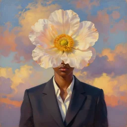 portrait, large flower as head, black woman in suit, surreal photography, golden hour, colorful clouds, impressionist painting, digital painting, artstation, simon stalenhag