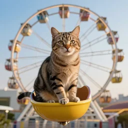 !!! cat!!!, ( ferris wheel ), feline, sitting, riding, award winning photo, nikon, realistic,