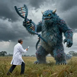 in a field, two scientists in lab coats encounter a monster shaped like the DNA double helix, stormy weather, by Rob Gonsalves, faster, more intense