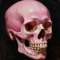 close - up renaissance portrait of a pink skull in glowing liquid. dark lighting. black background. highly detailed science - fiction painting by norman rockwell, moebius, frank frazetta, syd mead, donato giancola. rich colors, high contrast. artstation