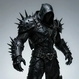 ash maker, black leather spikes, cyberpunk reaper, hulking, mysterious photo realism, style of roger fenton, flash photo
