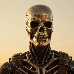 Terminator T-800, portrait, atmospheric lighting, painted, golden ratio, golden hour, intricate, highly detailed by Rembrandt