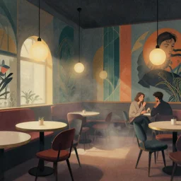 illustrated cafe interior, colorful, modern art deco, mads berg, karolis strautniekas, christopher balaskas, stippled light, fog, moody, fine texture, editorial illustration, dramatic lighting, dynamic composition, detailed, matte print, dynamic perspective, muted color