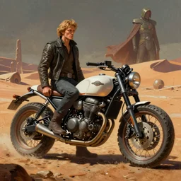 moebius and ralph mcquarrie style retro scrambler motorbike motorcycle futuristic sci - fi painting, star wars dune, the incal