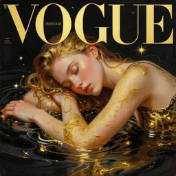3 d, close - up, liquid gold and black water, sleepy fashion model, stars, sun rays, vogue cover style, poster art, hyper detail, intricate oil painting, multiple exposure, morning mood, 3 d, by tooth wu and wlop and beeple and greg rutkowski