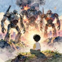 a wholesome animation key shot of a boy sitting on a hilltop watching the city be destroyed by giant robots, studio ghibli, pixar and disney animation, sharp, disney concept art watercolor illustration by mandy jurgens and alphonse mucha and alena aenami, pastel color palette, dramatic lighting