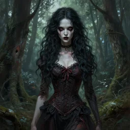 beautiful digital painting of a stylish horror female forest with high detail, 8 k, stunning detail, works by artgerm, greg rutkowski and alphonse mucha, unreal engine 5, 4 k uhd