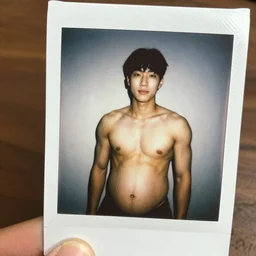 Young muscular male Korean protagonist shirtless with a big pregnant belly, instax photo