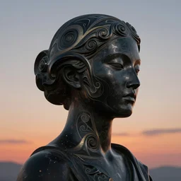 epic concept art. abstract asian female face silhouette mixing with black and color liquid fluid. abstract sculpture. art deco swirls. masterpiece by michelangelo. concept art, matte painting, sunset. greg rutkowski, victo ngai