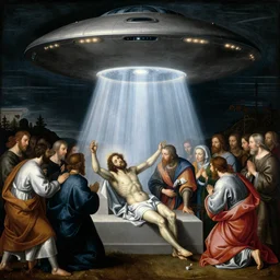 a renaissance painting of a ufo beaming a ray of light down at the baptism of Christ. (1710)
