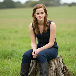 half portrait of emma watson sitting on a tree stump in a field, by arthur adams