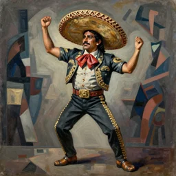 a stylized painting of a mexican god dancing against an abstract background, by picasso, george luks and paul klee, muted color scheme, extreme detail
