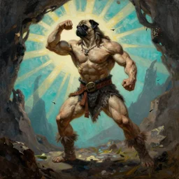 muscular pug barbarian hunter  full body fighting pose , sun rays , big shadows, small bird sihouettes  in cyan background , very textured detailed  oil painting by rembrandt , hard backlight , in dark cave