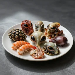 a beautiful plate of strange and disturbing alien foods, professional photography