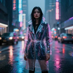 cyberpunk city, woman in plastic coat, reflections, rain, neon