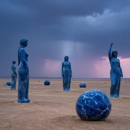 a field of giant blue marble large statues of woman in a desert in ominous blue light, overcast, godrays and pink light on the horizon by john martin and thomas kinkade