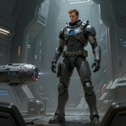 scifi art by greg rutkowski, a very tall and slender man wearing a futuristic tactical gear, activating the ship's self - destruct sequence, claustrophobic and futuristic environment, detailed and intricate environment, high technology, highly detailed portrait, digital painting, artstation, concept art, smooth, sharp foccus ilustration, artstation hq.