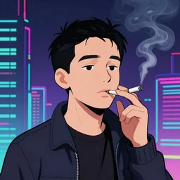 a cartoon of a man smoking a cigarette, cyberpunk art by Jamie Hewlett, tumblr contest winner, funk art, synthwave, retrowave, vaporwave