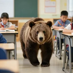 a bear sneaks through a third grade classroom, photo, detailed, 4 k