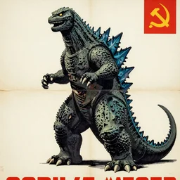 soviet union propaganda poster of godzilla, vintage, old, wrinkled, illustration
