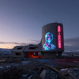 a beautiful detailed render of tundra unfinished building by arne jacobsen, at night at dusk landscape tundra assassin's creed fantasy biopunk uv light retro neon signs bioshock thermal imaging extraterrestial at dawn, archdaily, wallpaper, highly detailed, trending on artstation.