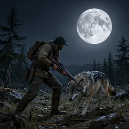 a hunter killing a wolf on a full moon night, hd, hdr, unreal engine 5, cinematic, 4k wallpaper, 8k, ultra detailed, high resolution, artstation,