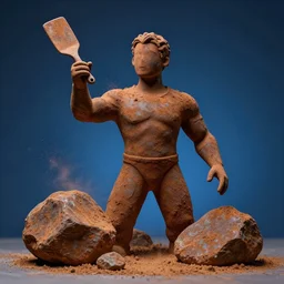 highly detailed photography of a men made of rust clay, big rocks, hand gesture, sharp focus, dust particles, dramatic scene, aesthetic, dynamic lighting, elegant, harmony, masterpiece, by roberto ferri, blue background, high quality, spatula