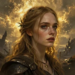 Elle Fanning in the painted world of Dark Souls, head and shoulders masterpiece, apocalypse, golden hour, cosmic horror, artstation, in the style of Dr. Seuss, extremely detailed
