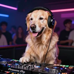 a photograph of a DJ golden retriever dog, playing at a nightclub, wearing headphones