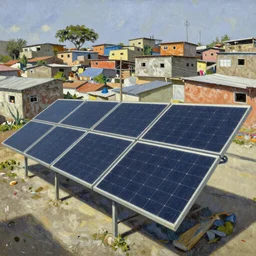 Solar panels generating electricity in a favela, oil in canvas