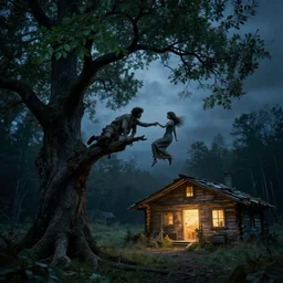 eerie old photograph of the creation of adam in real life, a twisted tree's branches hold a man and a woman, dark green leaves, they reach toward each other, in front of a glowing rundown log cabin at night, overcast skies, dark blues, dark forest background, dark, nightmare, dreamlike, highly detailed, 4 k, 8 k, high resolution