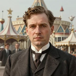 portrait of an engineer in the 1950s in a theme park, light dust, magnificent, close up, triangles in background, details, sharp focus, elegant, highly detailed, illustration, by Jordan Grimmer and greg rutkowski and PiNe(パイネ) and 薯子Imoko and 香川悠作 and wlop and maya takamura, intricate, beautiful, Trending artstation, pixiv, digital Art