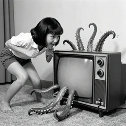 japanese 70s black and White TV show, Photorealistic, highly detailed, girl fighting tentacles coming out of a vintage TV set
