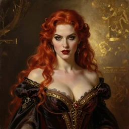majestic gracious regal aristocratic female red haired vampire portrait, atmospheric lighting, painted, curvy, menacing, intricate, volumetric lighting, beautiful, rich deep colours masterpiece, golden hour, sharp focus, ultra detailed, by leesha hannigan, ross tran, thierry doizon, kai carpenter, ignacio fernandez rios