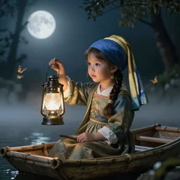 a neoclassical portrait of a cute little forest girl with a beautiful braid and dreamy eyes, sitting in a small bamboo boat, holding up a night lamp, concept art, realism, wearing traditional attire and beautiful ornaments, moonlit night dreamy atmosphere, by  Johannes Vermeer, butterflies in the fog in a bokeh background, artstation, 8K