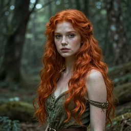 beautiful redhead druid, forest in the background, art by Larry Elmore