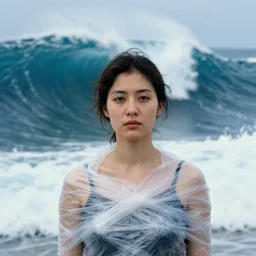 a closeup portrait of a woman wearing wrapped in plastic, standing in front of a giant tsunami wave, color photograph, by john singer sargent, canon eos c 3 0 0, ƒ 1. 8, 3 5 mm, 8 k, medium - format print