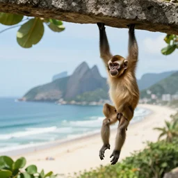 a monkey hanging from a stone, higih brazil beach vista