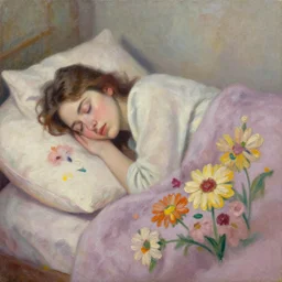 flowers with faces sleeping on pillows, oil on canvas
