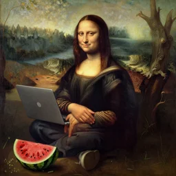 portrait of kurt cobain sitting under a tree on a hill holding a macbook - pro and wearing a vintage varsity jacket, a big crushed watermelon is lying on the ground next to him, a stunning oil painting by leonardo da vinci