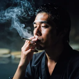 photography portrait of yakuza smoking a cigarette in an onsen at night in the style of daido moriyama, smoke, 8 0 mm lens, grainy wb image, close up view
