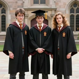 Graduation class photo of the Harry Potter trio (Harry, Ron, Hermione)