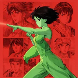green lady fighting red 4, high intricate details, rule of thirds, golden ratio, cinematic light, anime style, graphic novel by fiona staples and dustin nguyen, by beaststars and orange, peter elson, alan bean, studio ghibli, makoto shinkai
