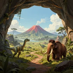 a pre historic landscape seen through a cave entrance, volcano, dinosaurs, mammoth digital art, trending on artstation