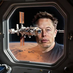a photo looking at a futuristic space with the face of elon musk in a window. the space station is orbiting mars